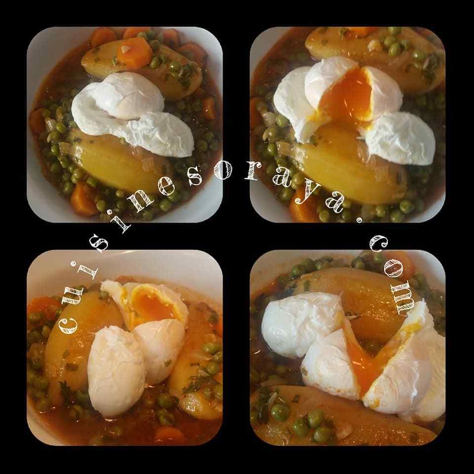 Mijoté de petits-pois- carottes - pommes de terre aux oeufs pochés