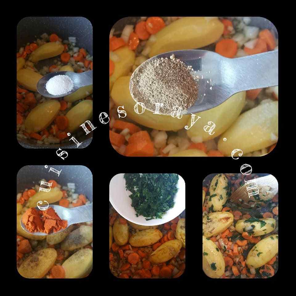 Mijoté de petits-pois- carottes - pommes de terre aux oeufs pochés