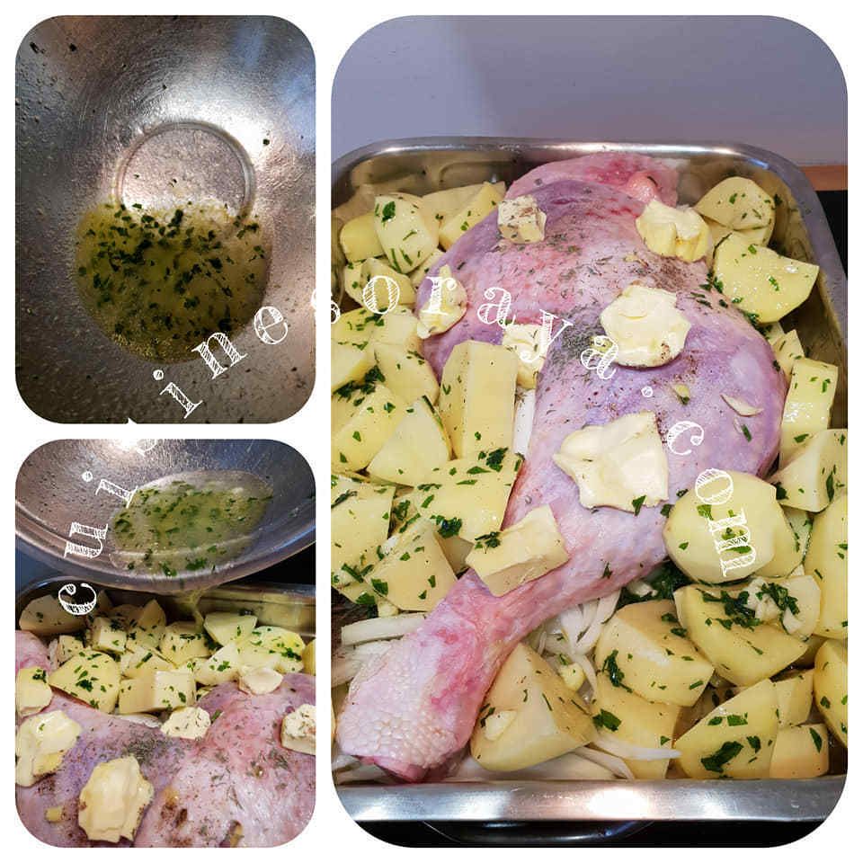 Cuisse de dinde au four avec ses pommes de terre et oignons confit