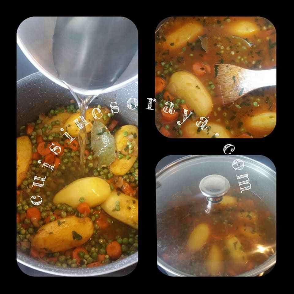Mijoté de petits-pois- carottes - pommes de terre aux oeufs pochés