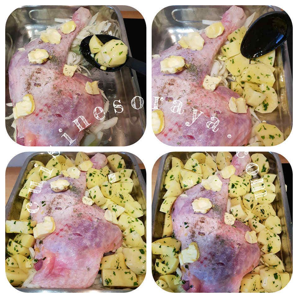 Cuisse de dinde au four avec ses pommes de terre et oignons confit