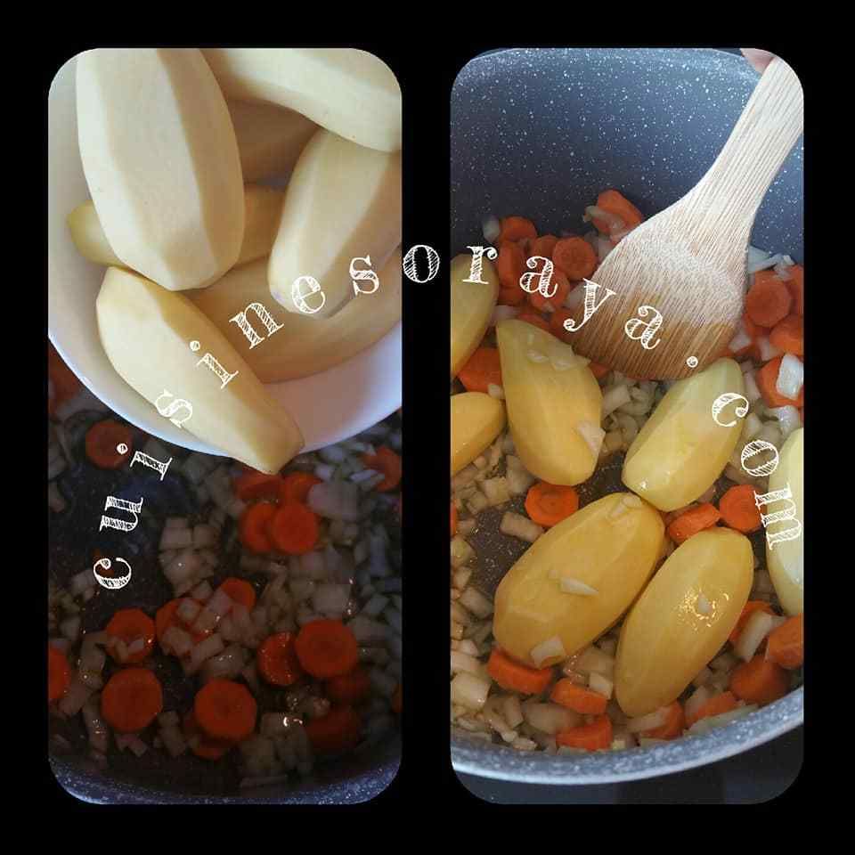 Mijoté de petits-pois- carottes - pommes de terre aux oeufs pochés