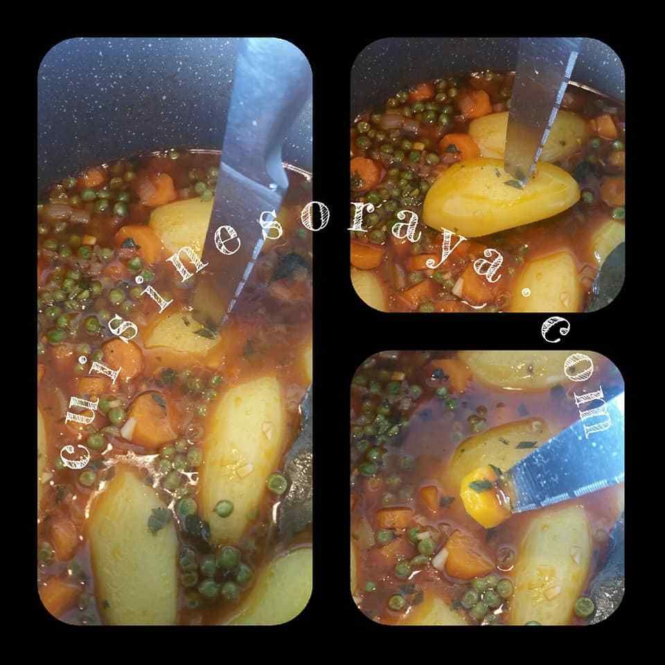 Mijoté de petits-pois- carottes - pommes de terre aux oeufs pochés