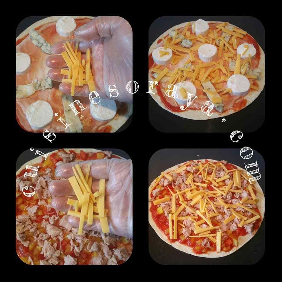 Pizza wrap thon poivrons et aux 3 fromages.