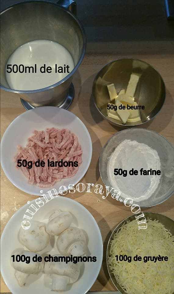 Crêpes aux fromage, lardons et champignons.