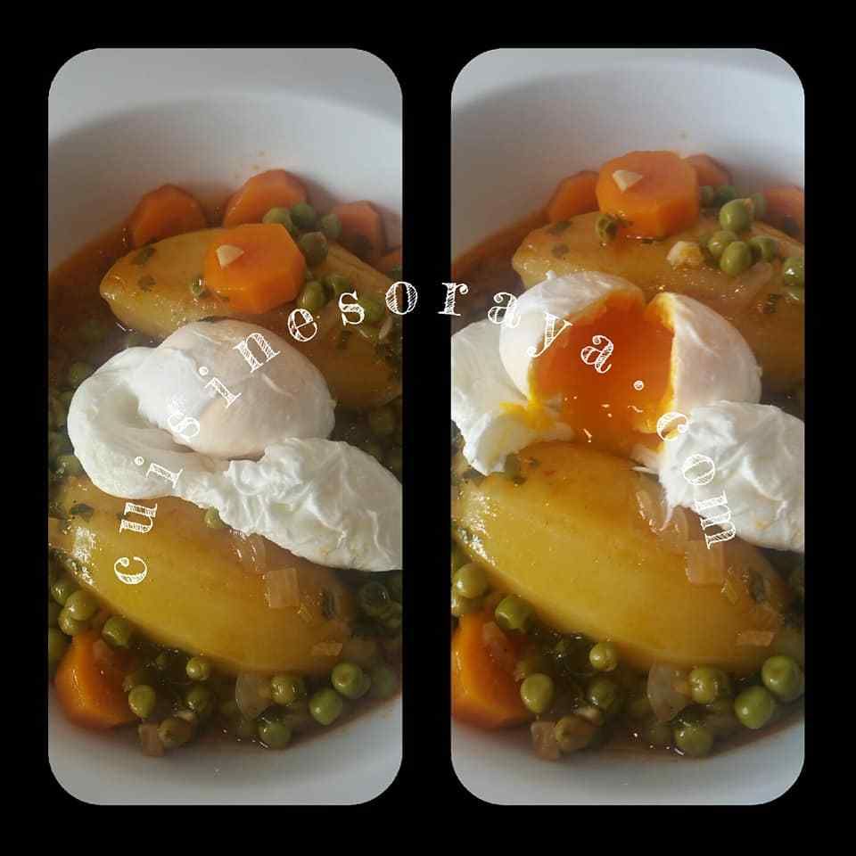 Mijoté de petits-pois- carottes - pommes de terre aux oeufs pochés