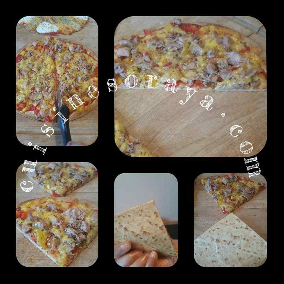 Pizza wrap thon poivrons et aux 3 fromages.